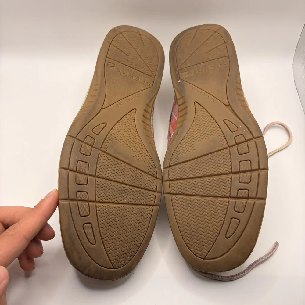 Sperry Top-Sider Women's 9M Tan Leather Pink Plaid Boat Shoes Loafers